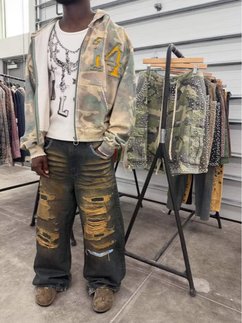 Fashion hoodie sweatshirt printed casual hoodie jacket camouflage men's and women's cardigan patch fabric