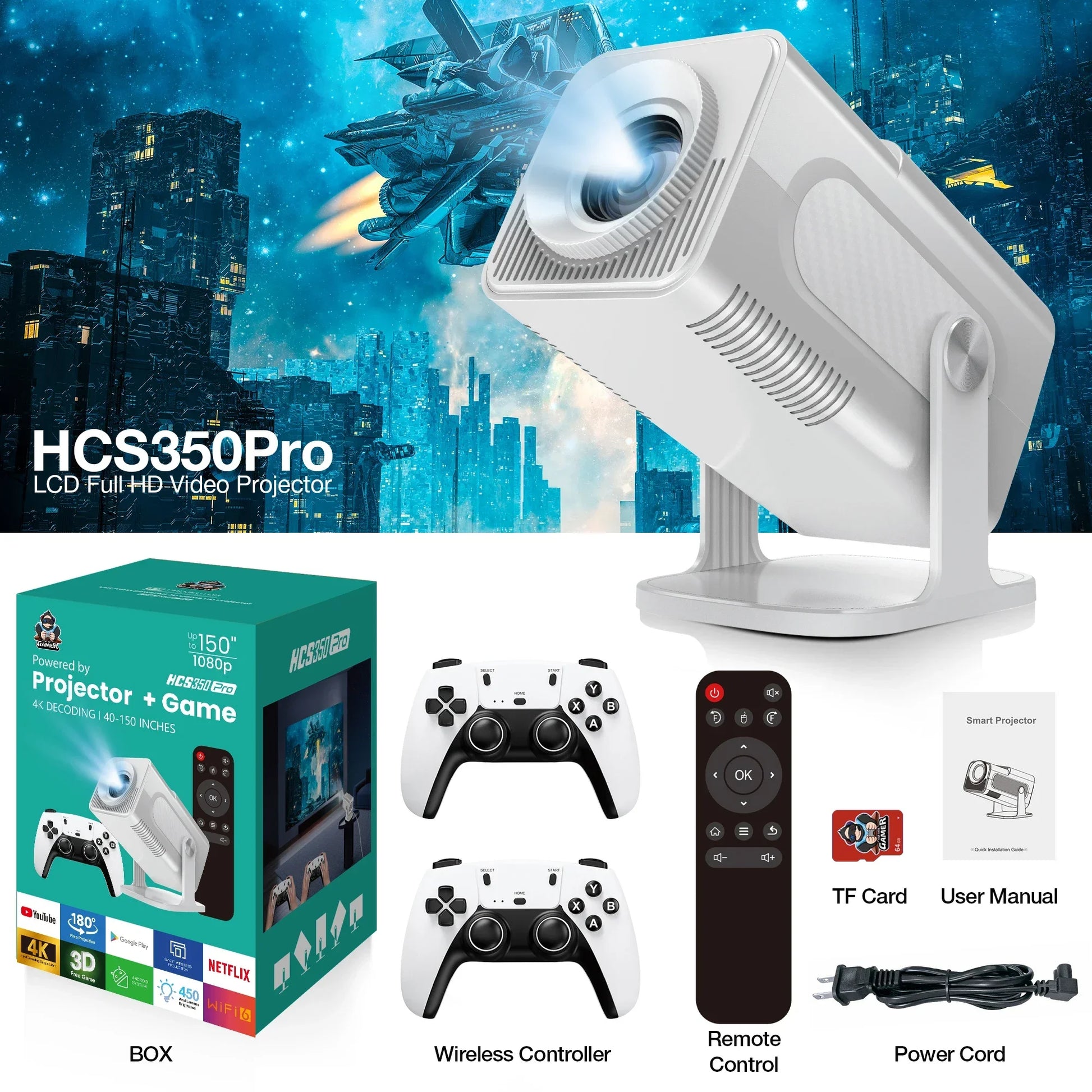 HCS350 Pro Retro Video Game Consoles Android12.0 TV OS A53 System WIFI Portable Intelligent Projector 720P Projector
