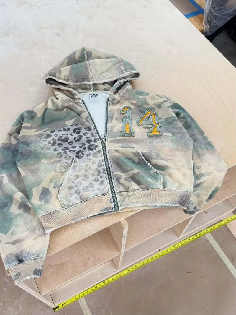 Fashion hoodie sweatshirt printed casual hoodie jacket camouflage men's and women's cardigan patch fabric