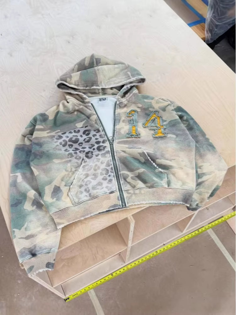 Fashion hoodie sweatshirt printed casual hoodie jacket camouflage men's and women's cardigan patch fabric